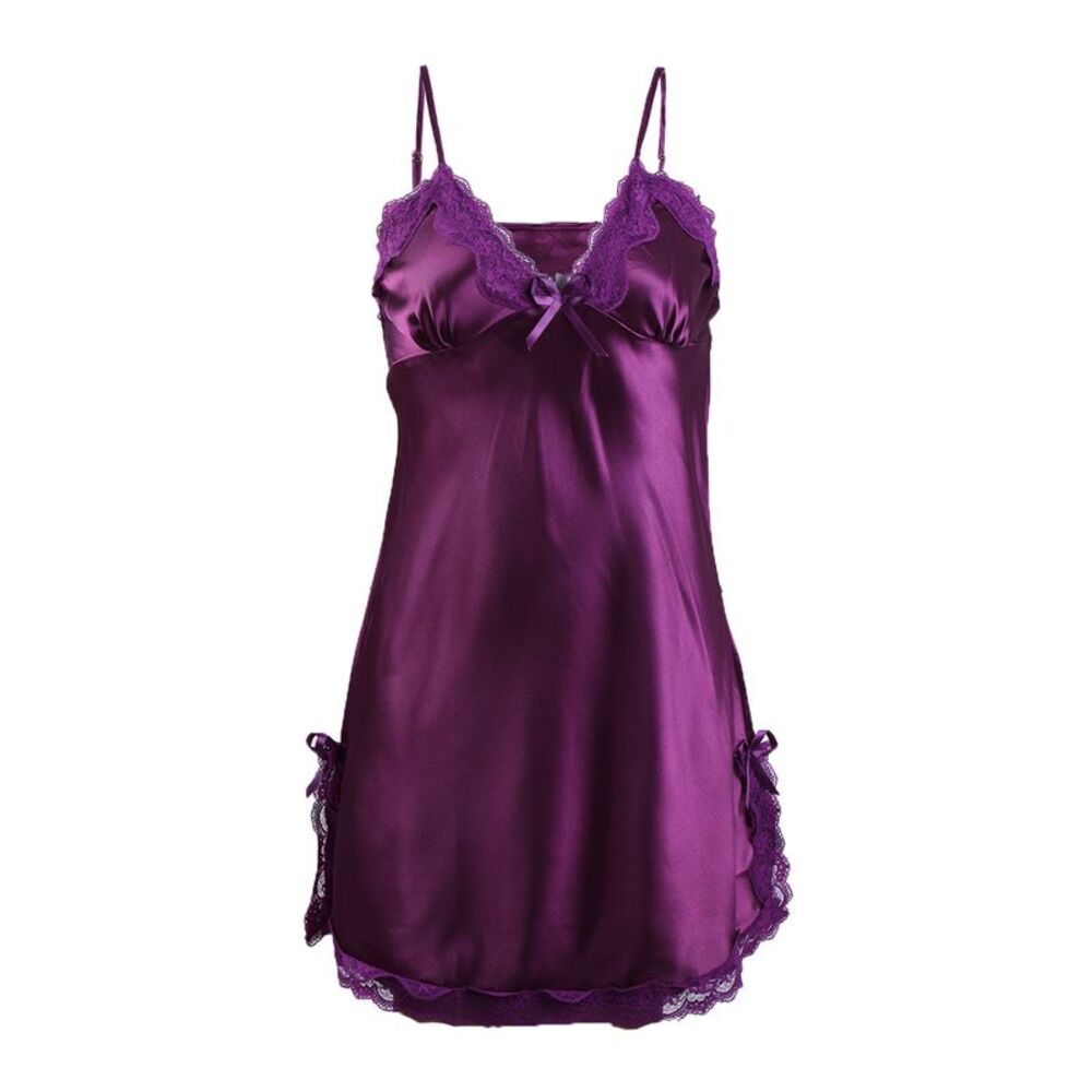 Women Satin Lace Trim Sleepwear Nightgown Pajama Slip Dress L Purple-Lace